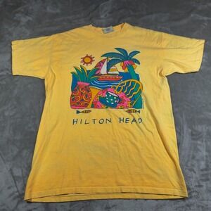 Vintage Hilton Head Shirt Mens Large Yellow Single Stitch Viva La Wombat 90s